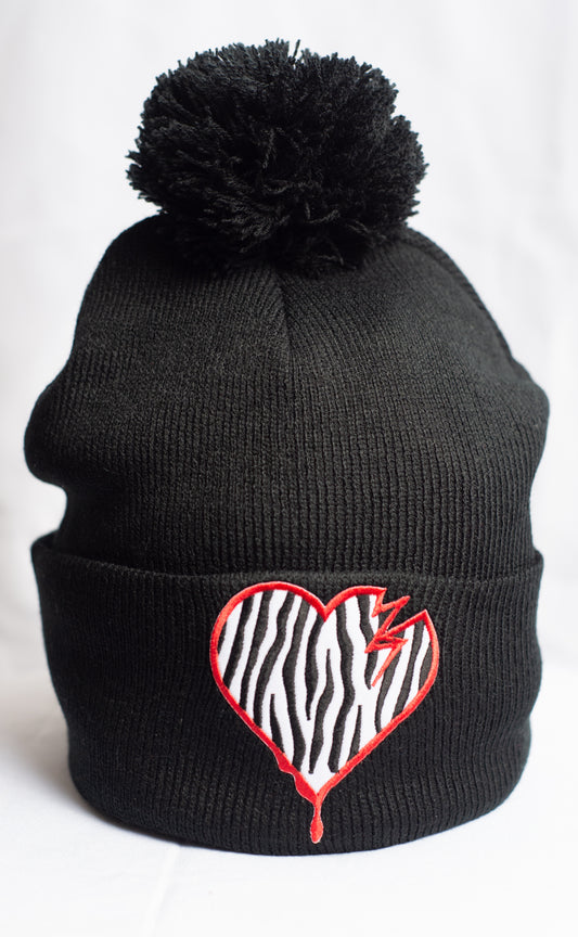 Crooked Hearted Zebra Stripes Beanie (Black/Red & White)