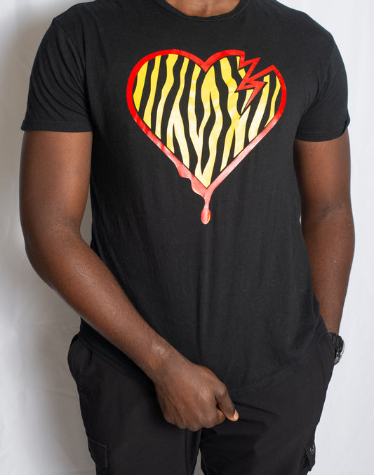 Crooked Hearted Zebra Stripes Unisex T-Shirt (Black/Red & Yellow)